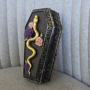 Michaels Black Coffin Trinket Box with Gold Snake and Purple & Pink Roses